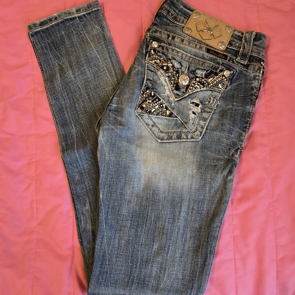 Miss Me Blue Skinny Jeans with Embellished Pockets